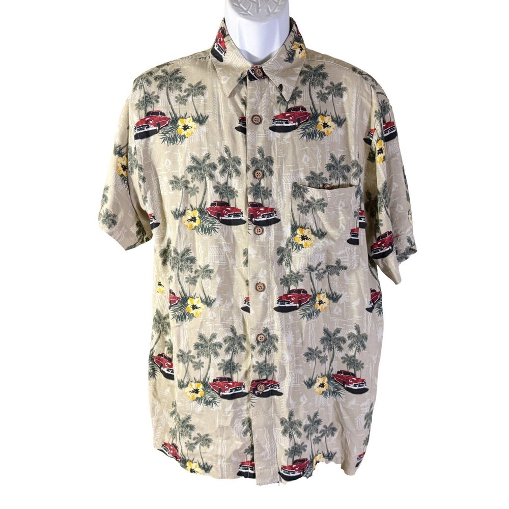 KNIGHTSBRIDGE Men's‎ Short Sleeve Button Down Cars Palm-Trees Shirt Large